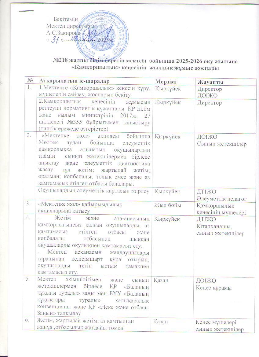 Қамқоршылық кеңесінің жұмыс жоспары