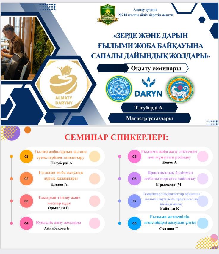 «ЗЕРДЕ ЖƏНЕ ДАРЫН ҒЫЛЫМИ ЖОБА БАЙҚАУЫНА САПАЛЫ ДАЙЫНДЫҚ ЖОЛДАРЫ» тақырыбында мектебіміздің магистр ғылыми дәрежесі бар мұғалімдері мен ДҒӘІЖО  мектепішілік оқыту семинары өткізілді.